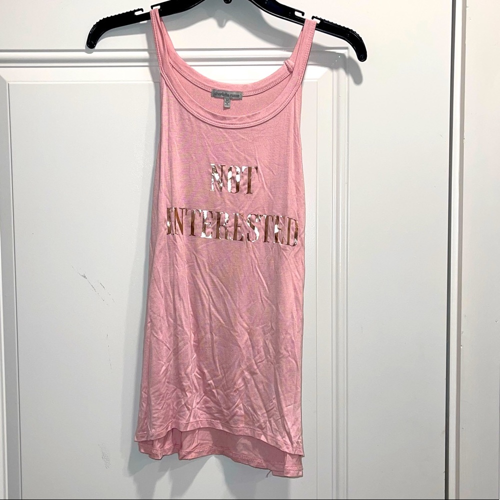 Not interested pink braided sides athletic tank top rose gold lettering